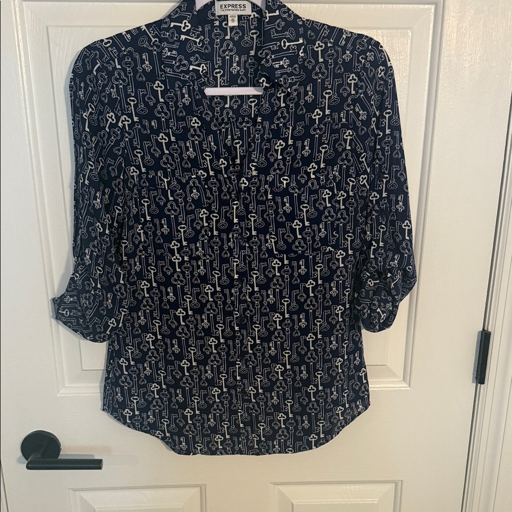 Express Portofino Blouse Dark Blue Key Pattern Blouse Size XS